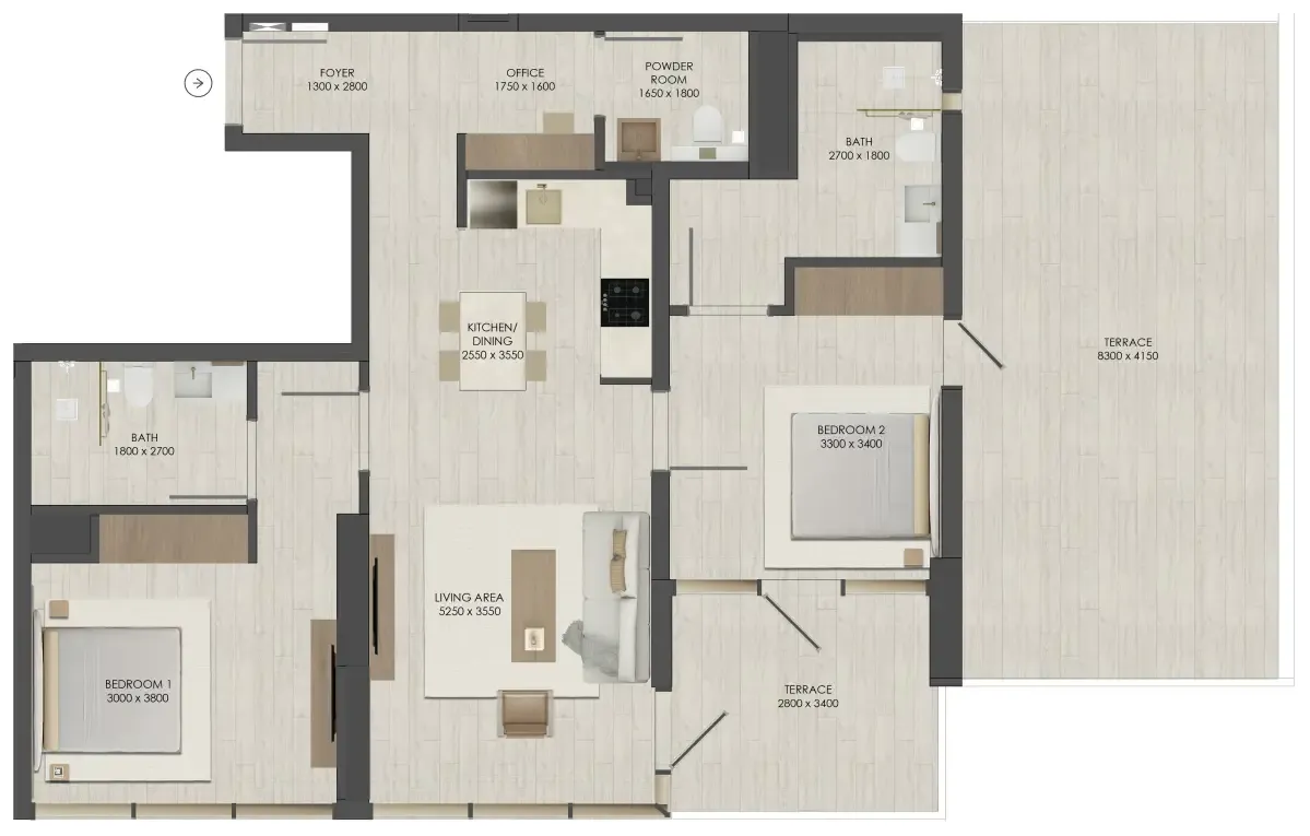 JAD 288 2 bed floor plan, 1,431 sqft