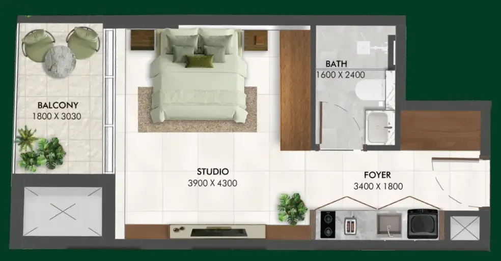 Enchante Studio floor plan, 395 sqft