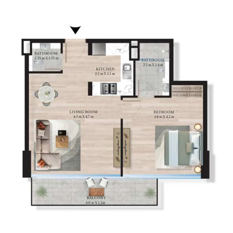 Maas Azurline Residences 1 bed floor plan, 631 – 632 sqft