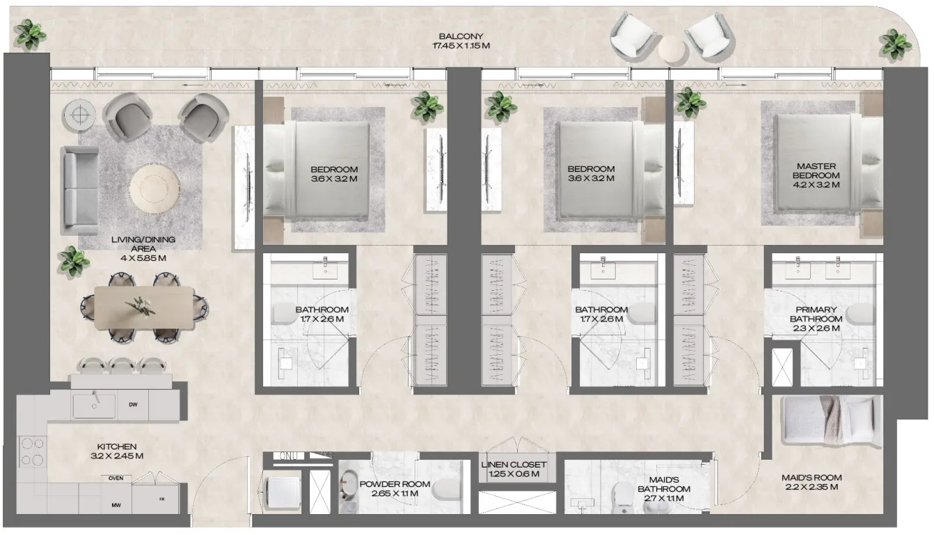 DWTN Residences 3 bed floor plan, 1,807 sqft