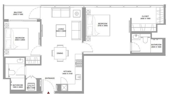 Yachtside Marina Residences 2 bed floor plan, 840 sqft