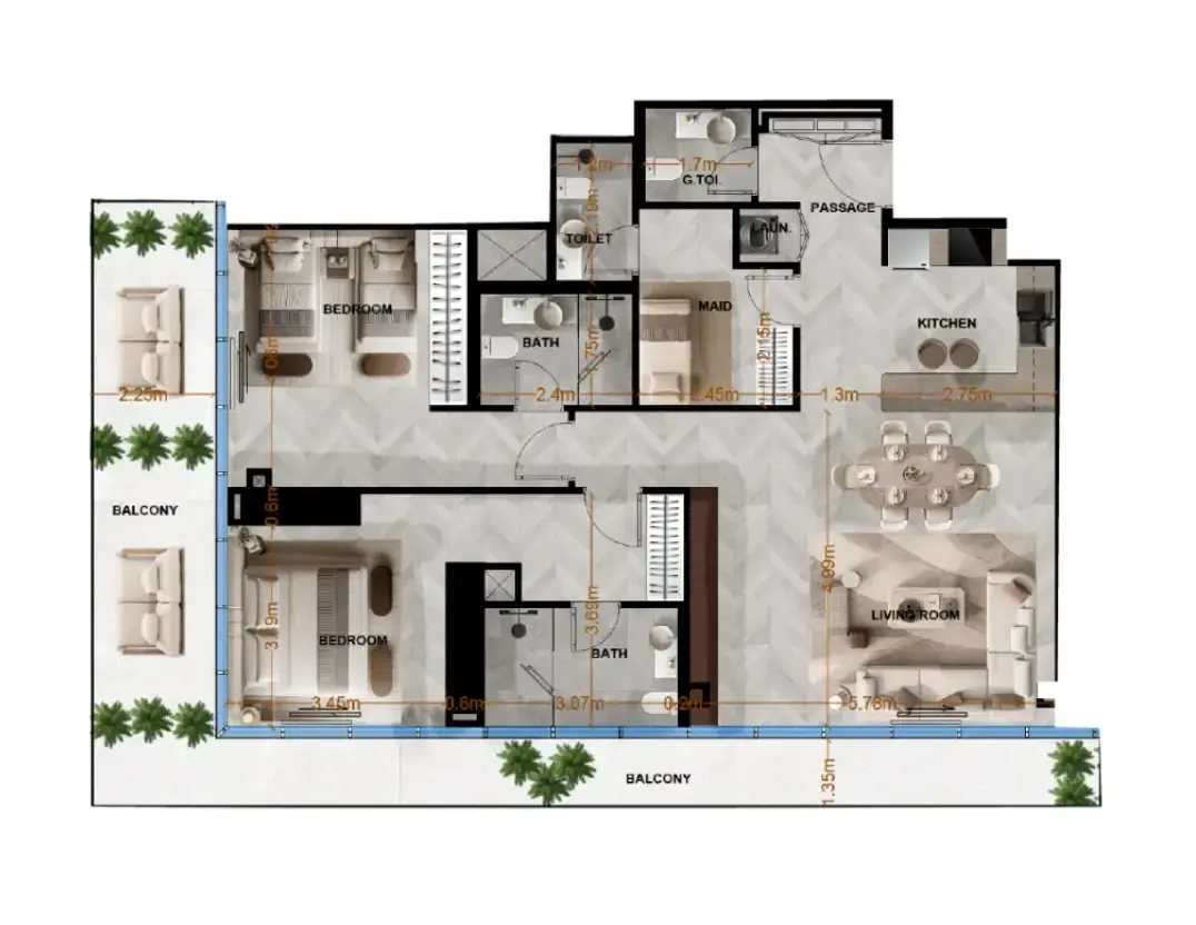 Radiant Terrace 2 bed floor plan, 1,624 sqft