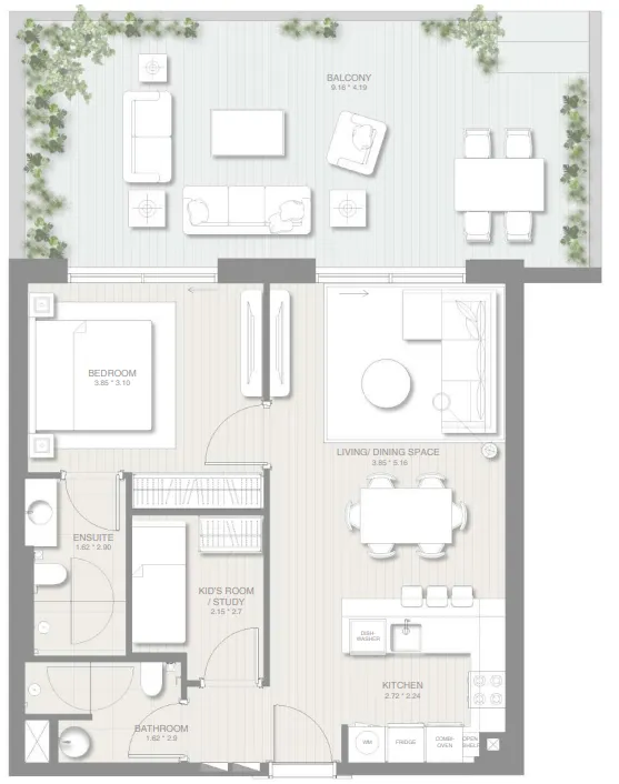 Sol Levante 1 bed floor plan, 1,059 sqft