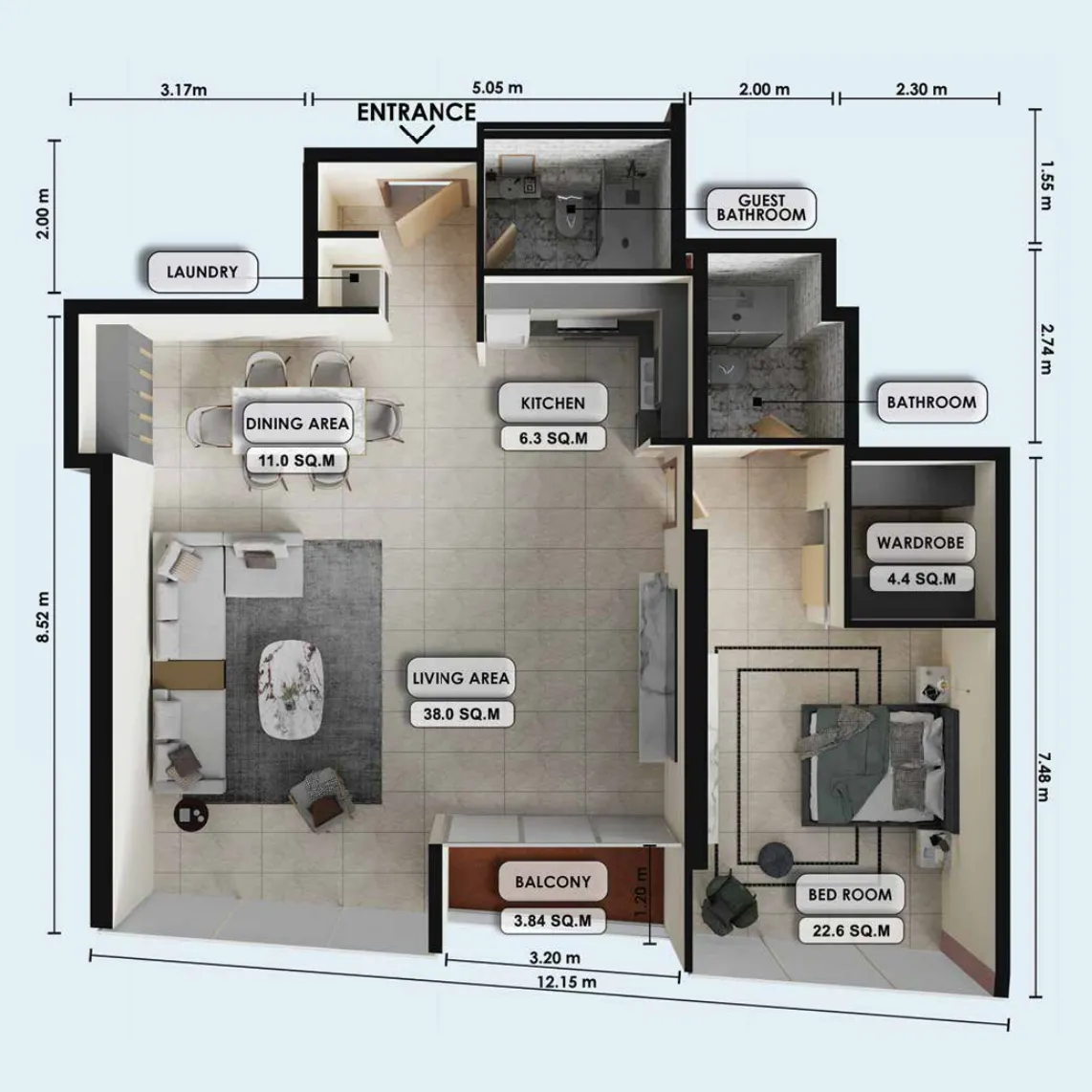 Zenith J1 1 bed floor plan, 1,220 sqft