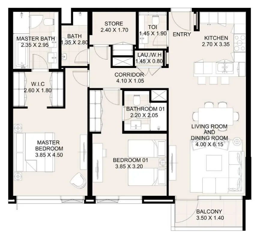 Canal Front Residences 3 and 4 2 bed floor plan, 1,330 sqft