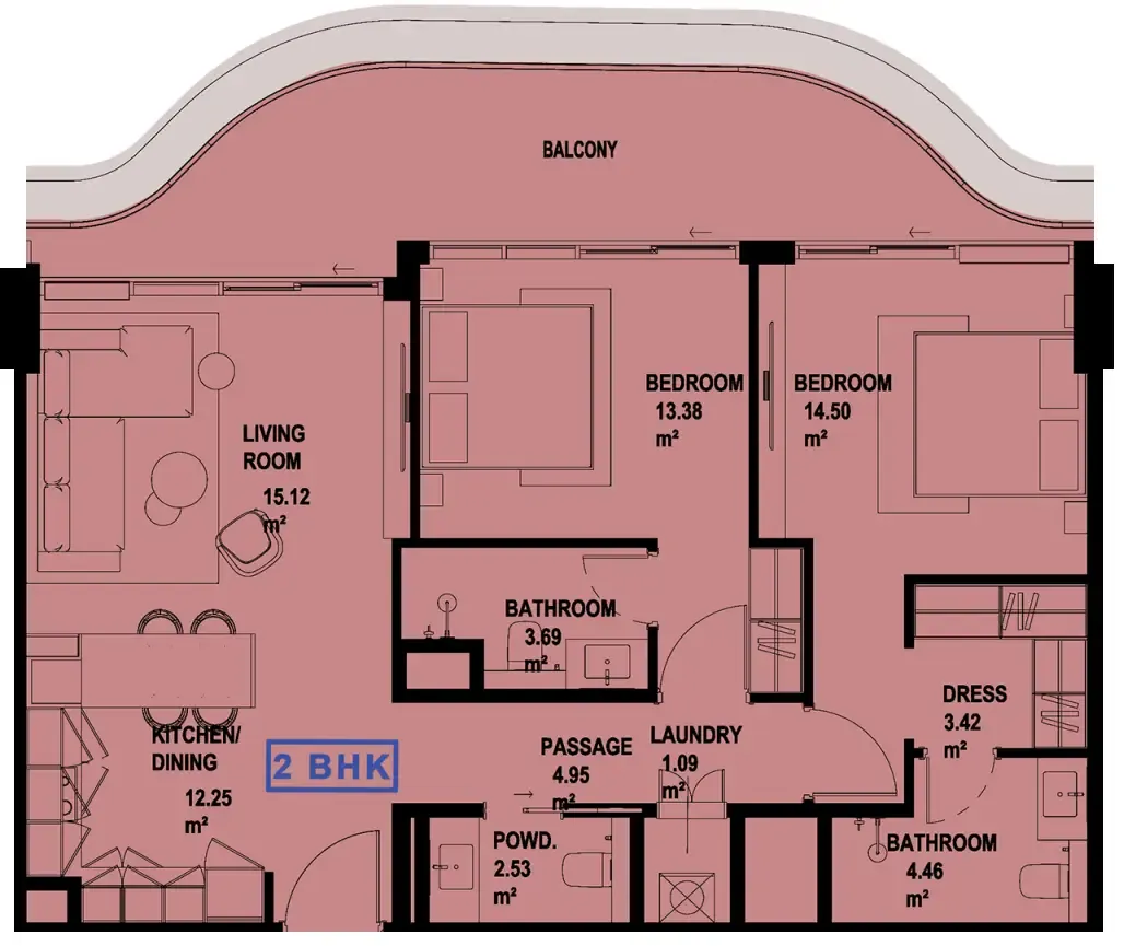Marquis Horizon 2 bed floor plan, 1,102 sqft