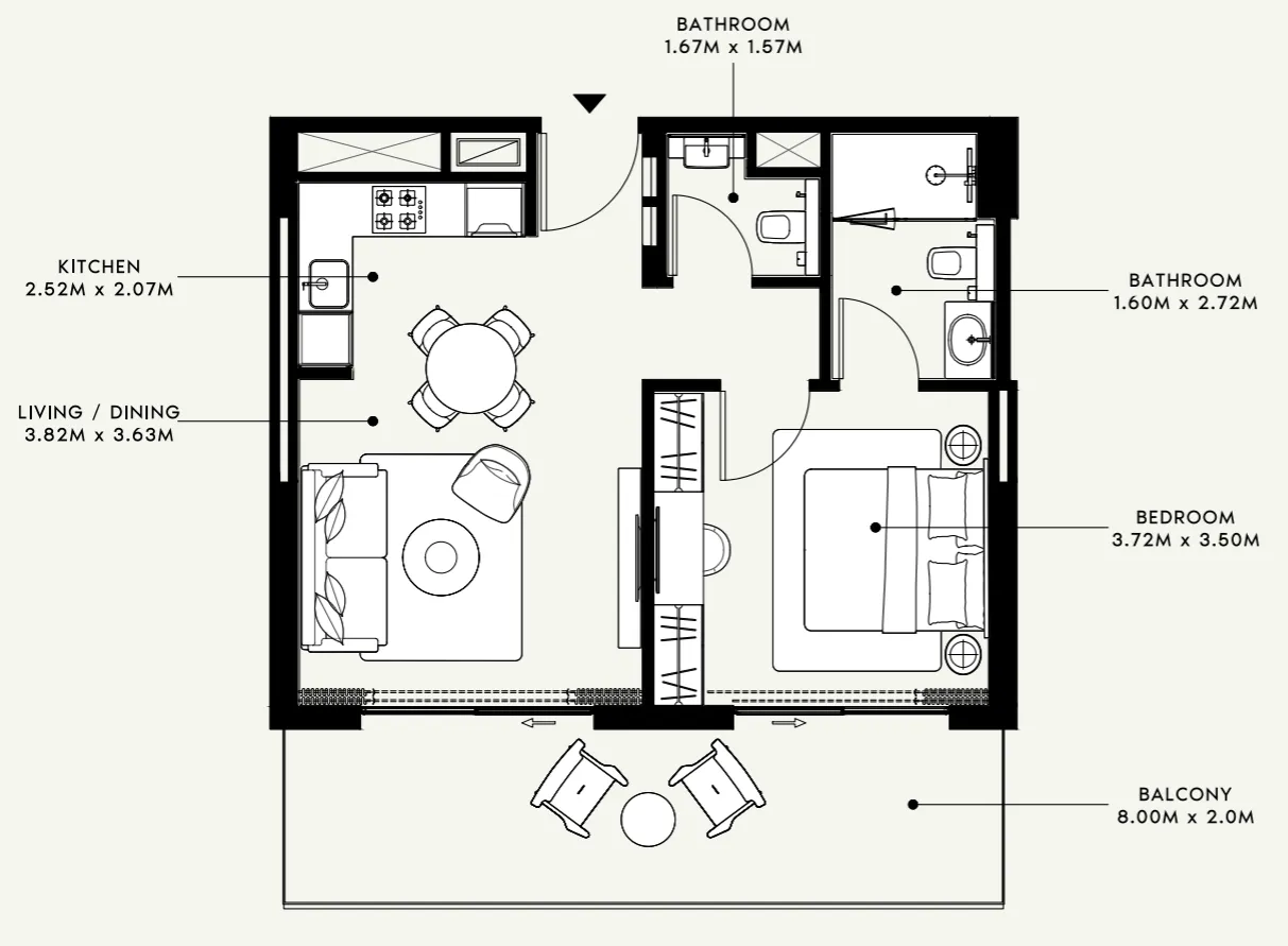 Azizi Venice 1 bed floor plan, 724 sqft