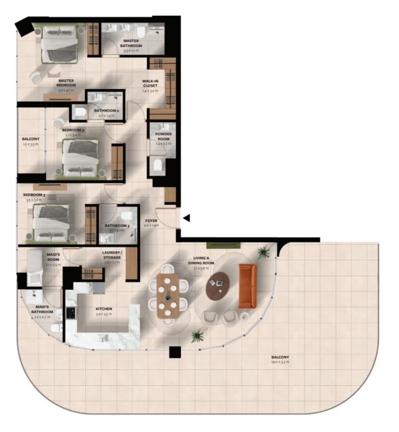 Waada Dubai South 3 bed floor plan, 2,823 sqft