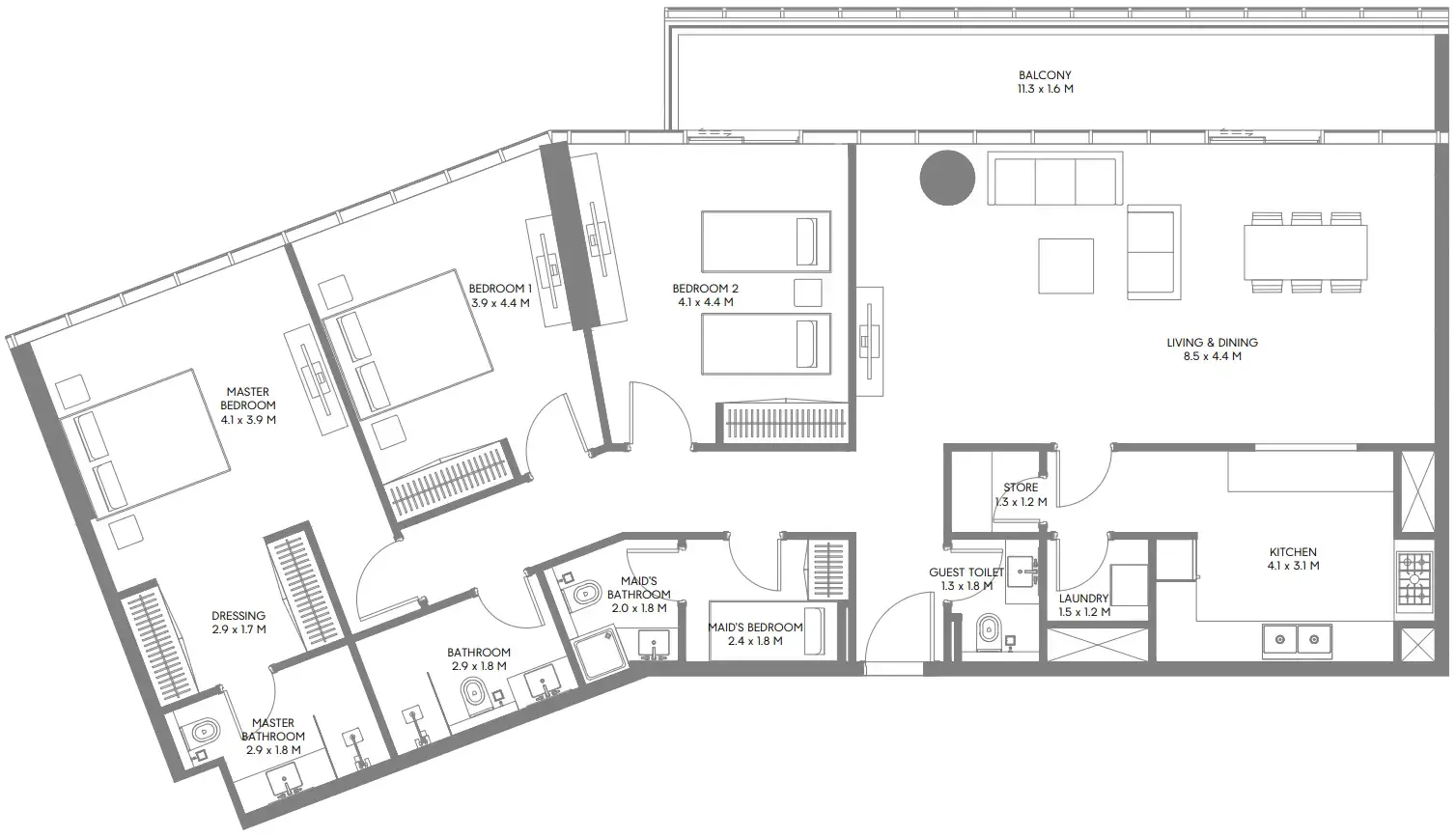 The Gate 3 and 4 3 bed floor plan, 1,894 – 1,898 sqft