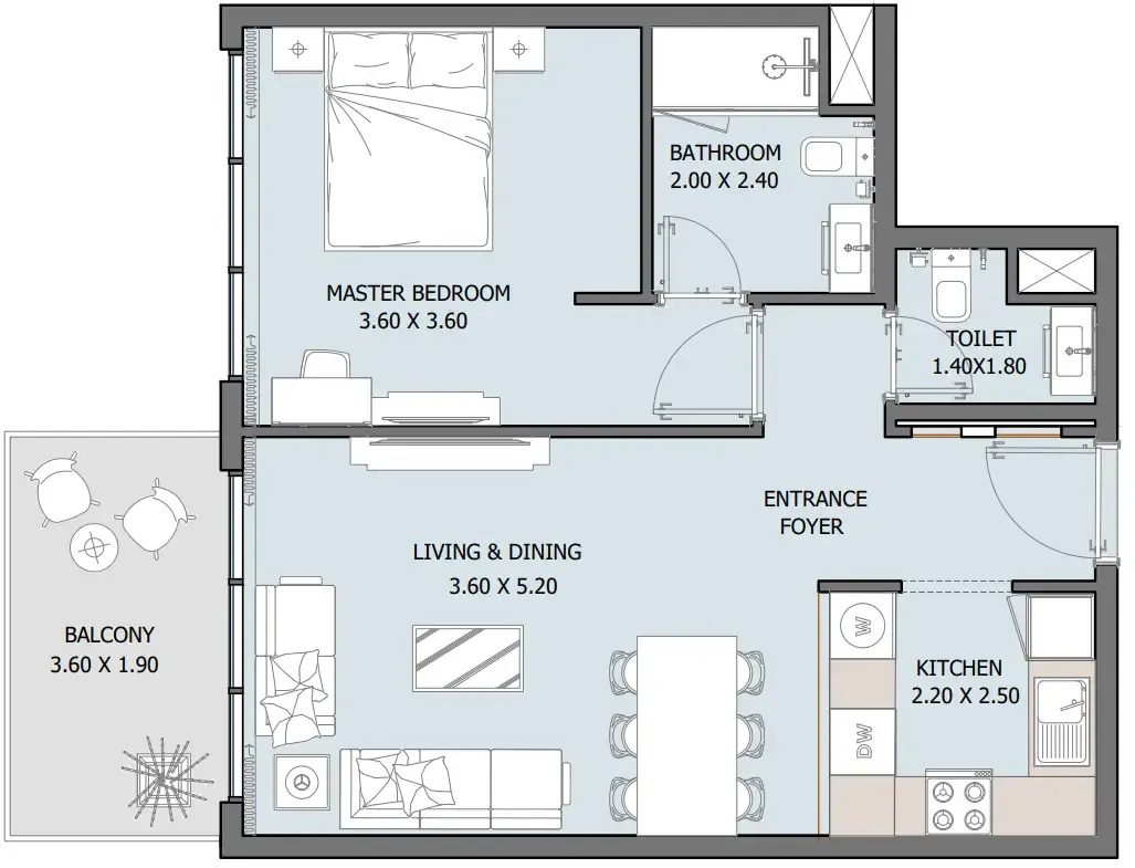 Oceana 1 bed floor plan, 681 sqft