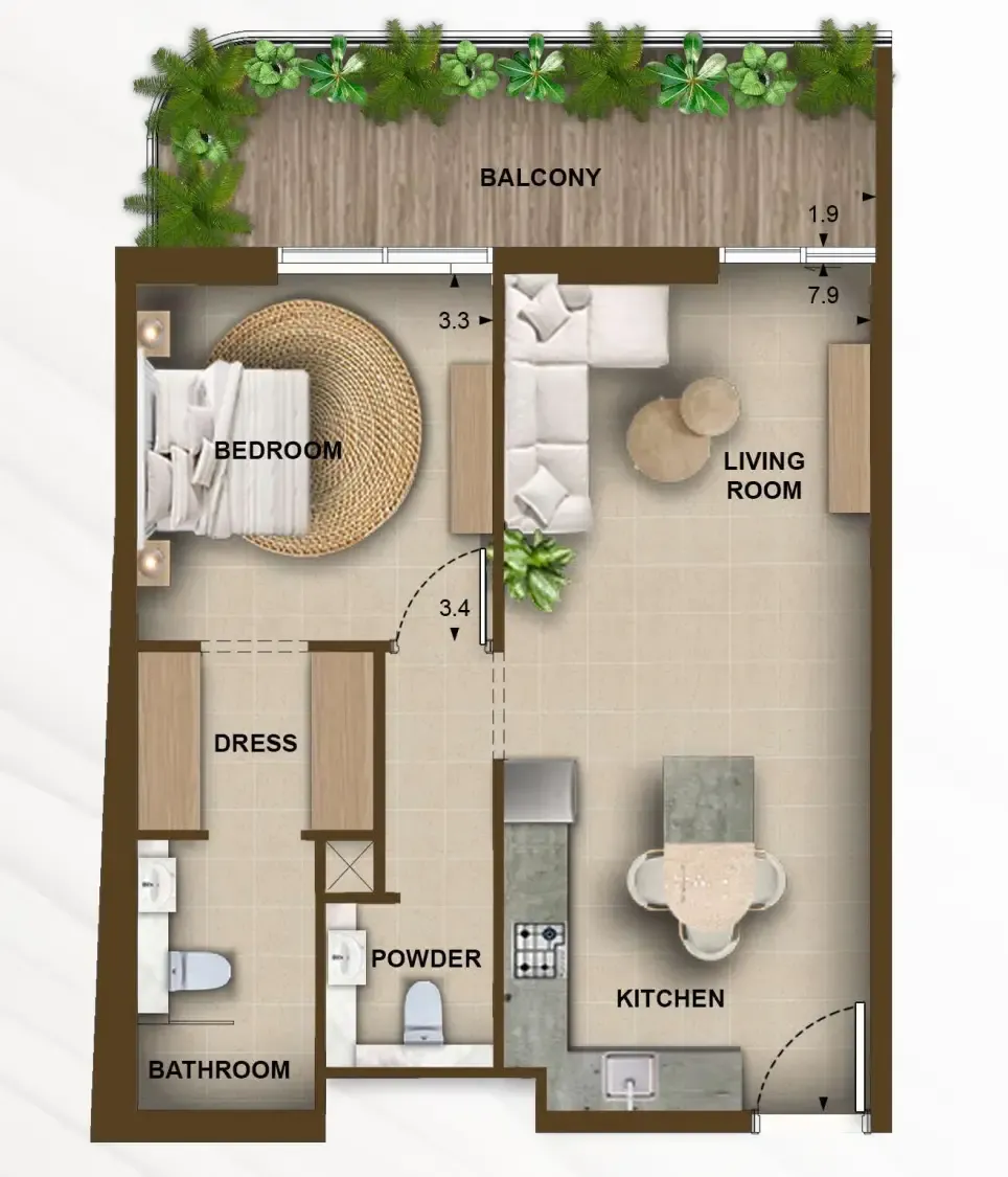 105 Residences by Kamdar 1 bed floor plan, 734 sqft