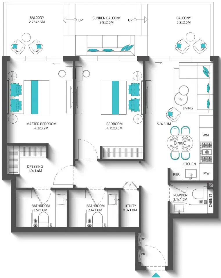 Reef 996 2 bed floor plan, 1,246 sqft