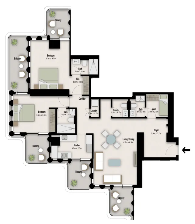 One B Tower 2 bed floor plan, 1,737 sqft