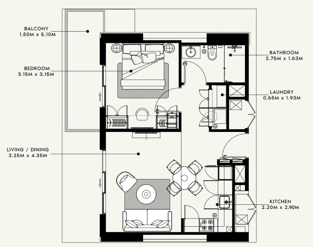 Beach Oasis 1 and 2 1 bed floor plan, 627 sqft