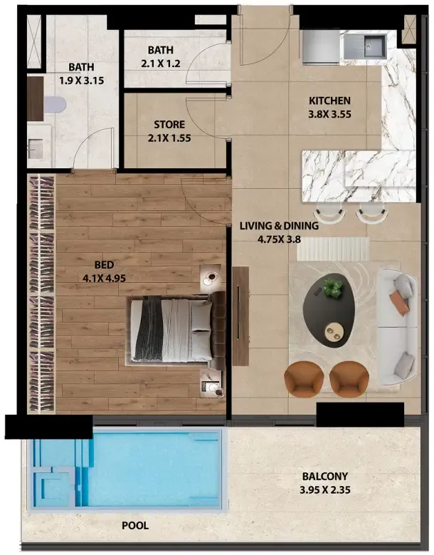 Marquis One 1 bed floor plan, 971 sqft