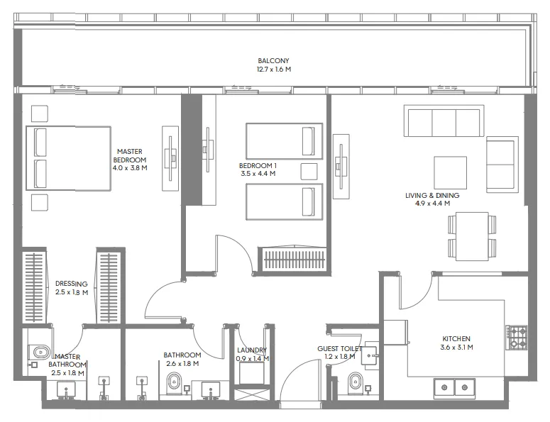 The Gate 3 and 4 2 bed floor plan, 1,304 sqft