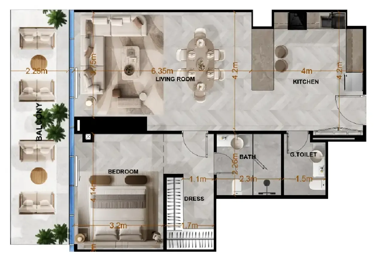 Radiant Terrace 1 bed floor plan, 1,003 sqft