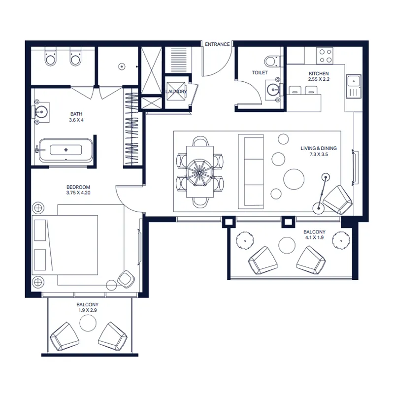The Atria 1 bed floor plan, 974 sqft