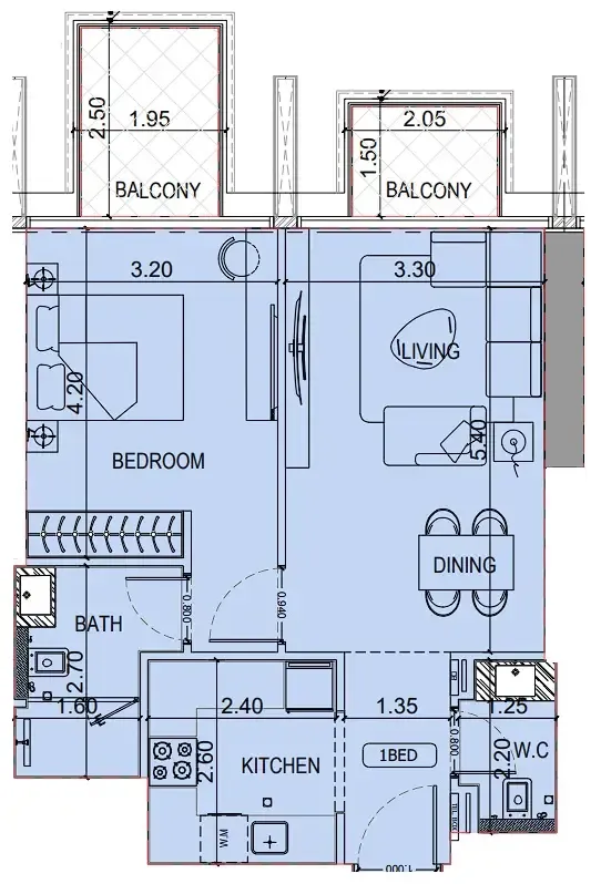 Binghatti Luxuria 1 bed floor plan, 651 sqft