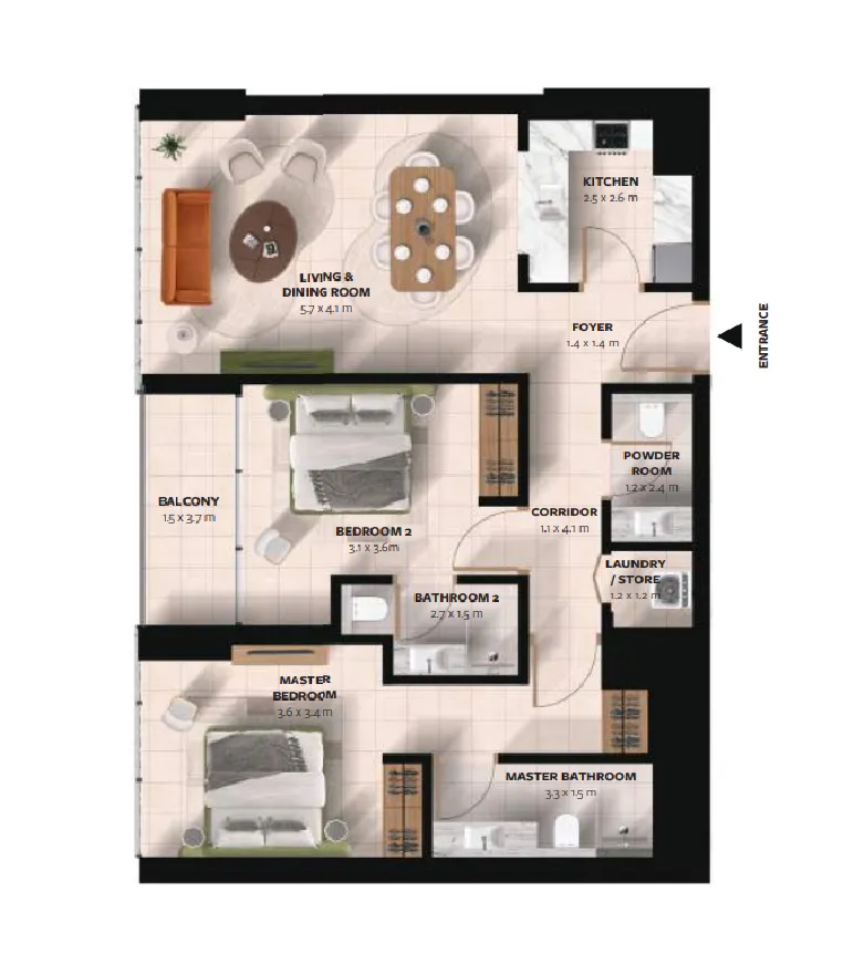 Waada Dubai South 2 bed floor plan, 1,093 sqft
