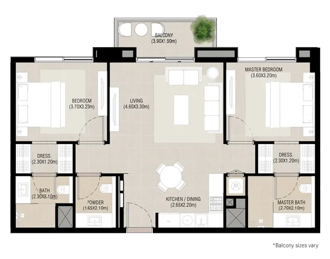 Camden 2 bed floor plan, 965 – 992 sqft