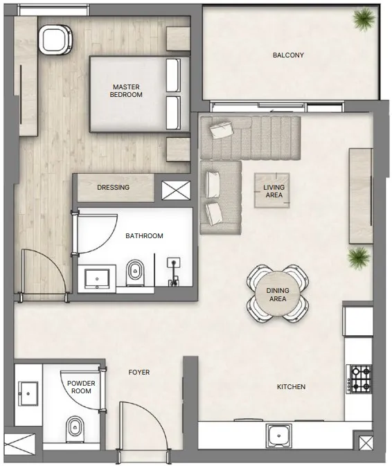 Al Hamra Greens 1 bed floor plan, 765 sqft