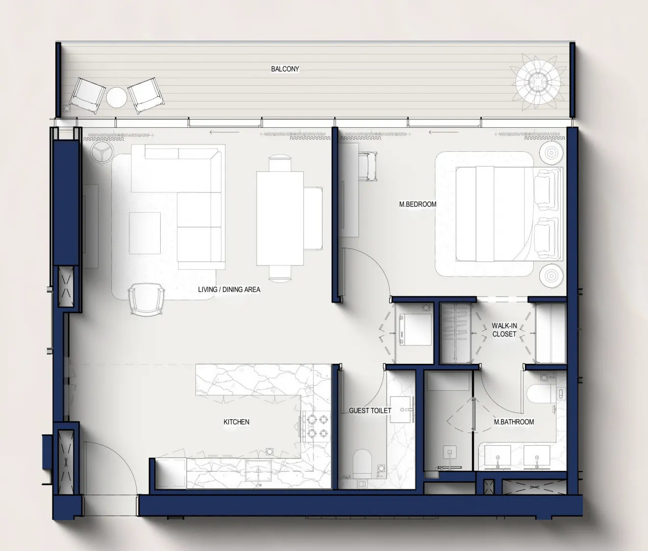 Hilton Residences 1 bed floor plan, 906 – 913 sqft