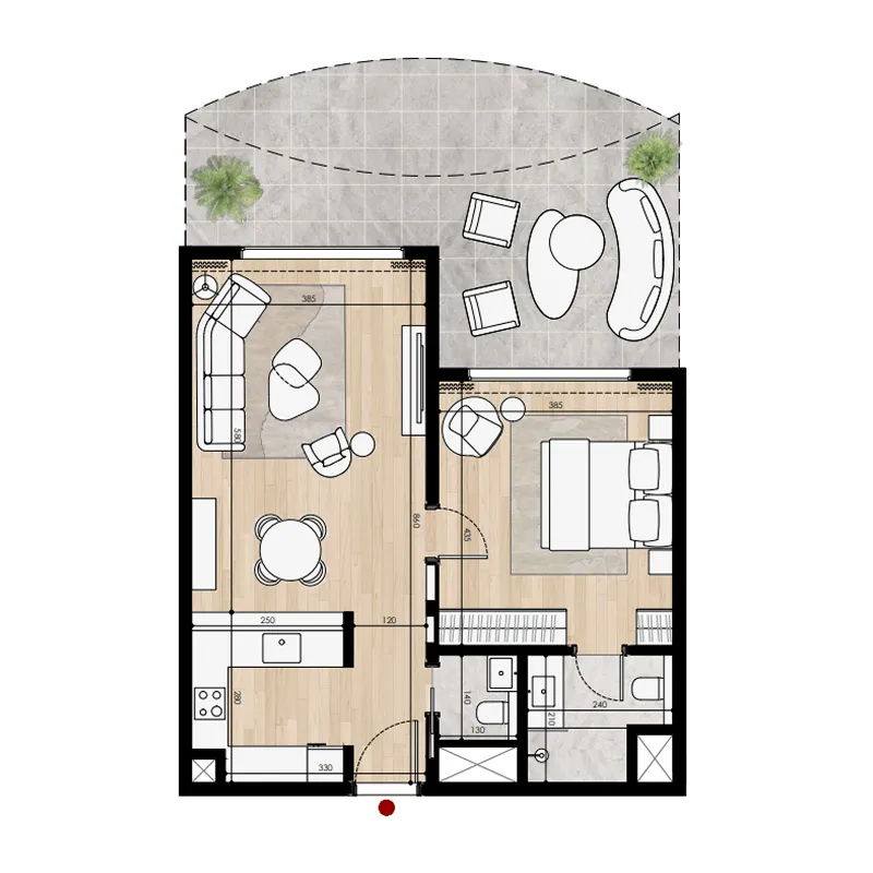 Miraggio 1 bed floor plan, 917 sqft