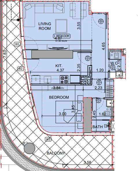 Binghatti Skyhall 1 bed floor plan, 994 sqft