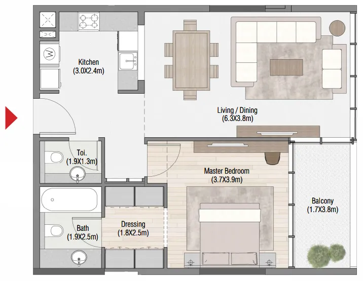 South Living 1 bed floor plan, 844 sqft