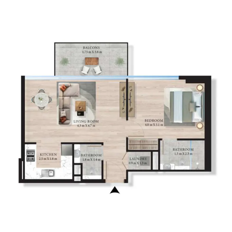 Maas Azurline Residences 1 bed floor plan, 611 – 614 sqft