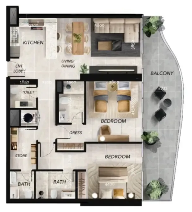 Radiant Waves 2 bed floor plan, 1,490 sqft