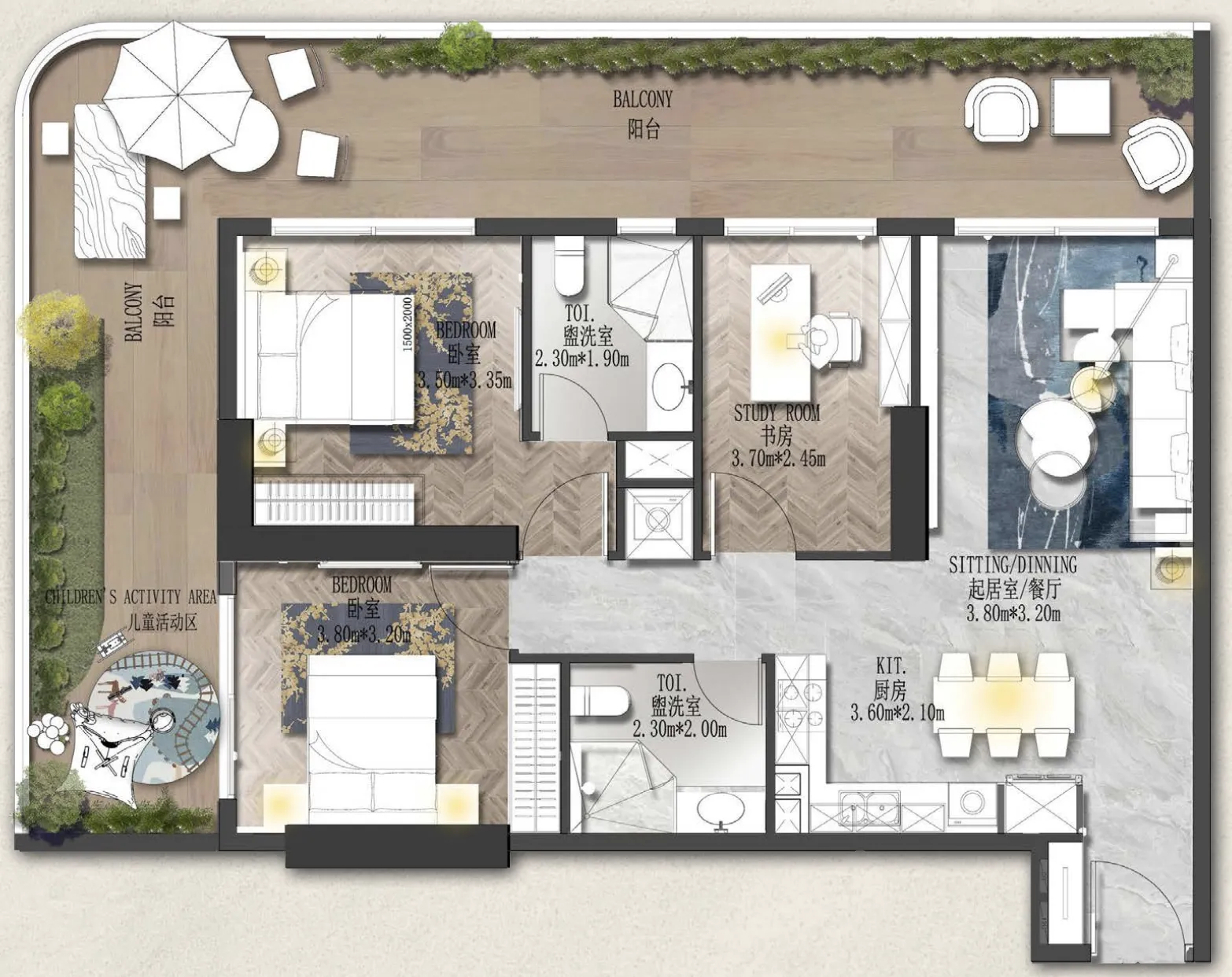Forest City 2 2 bed floor plan, 1,418 sqft