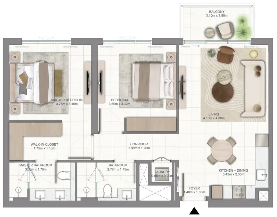 Golf Vale 2 bed floor plan, 990 sqft