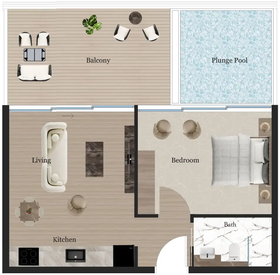 Rijas Suites 1 bed floor plan, 694 sqft