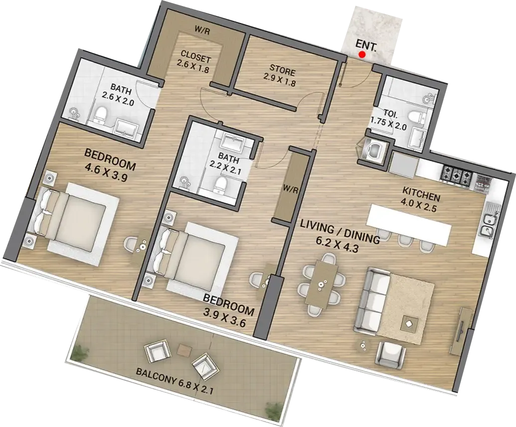 Ocean Tower 2 bed floor plan, 1,449 sqft