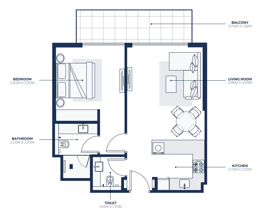Creek Views 3 1 bed floor plan, 733 sqft