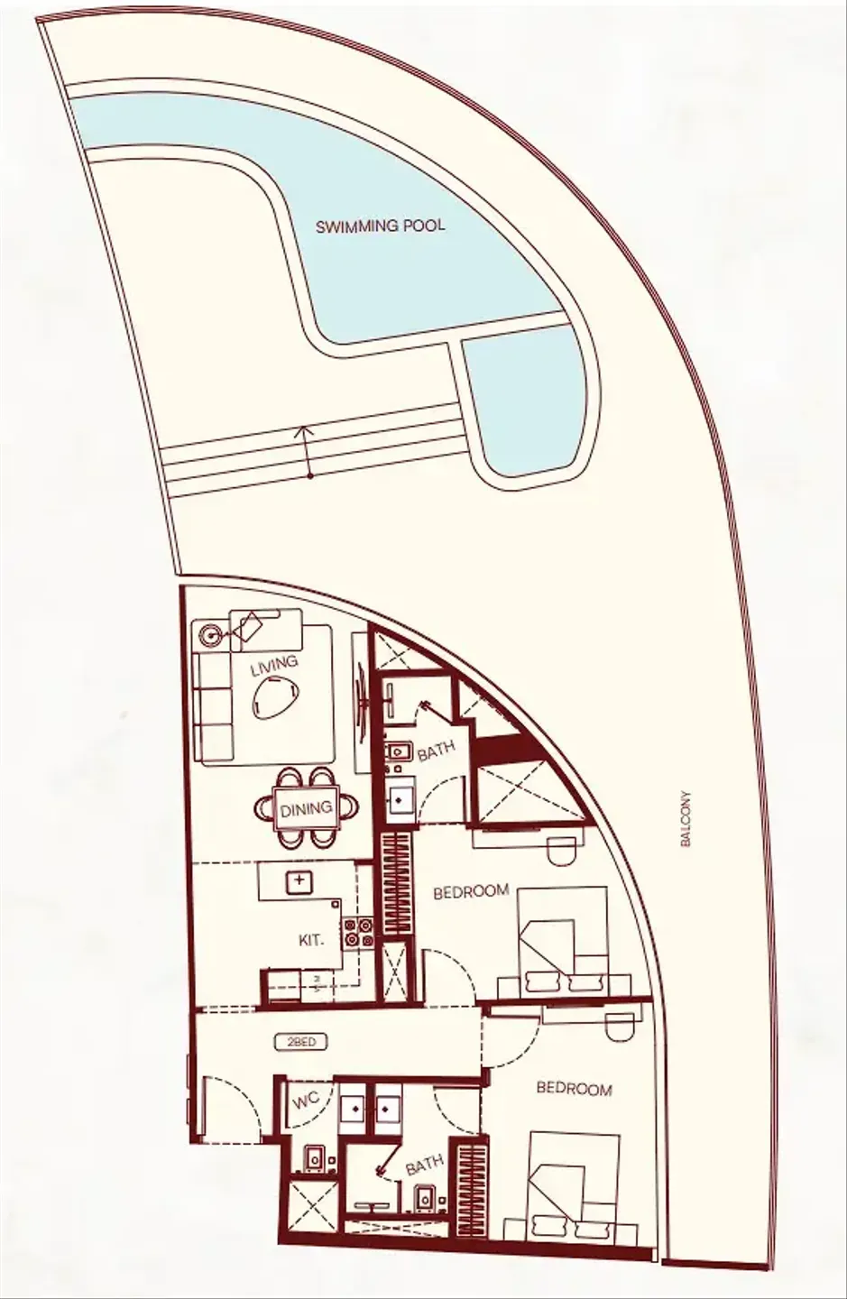 Binghatti Skyflame 2 bed floor plan, 2,234 – 2,235 sqft