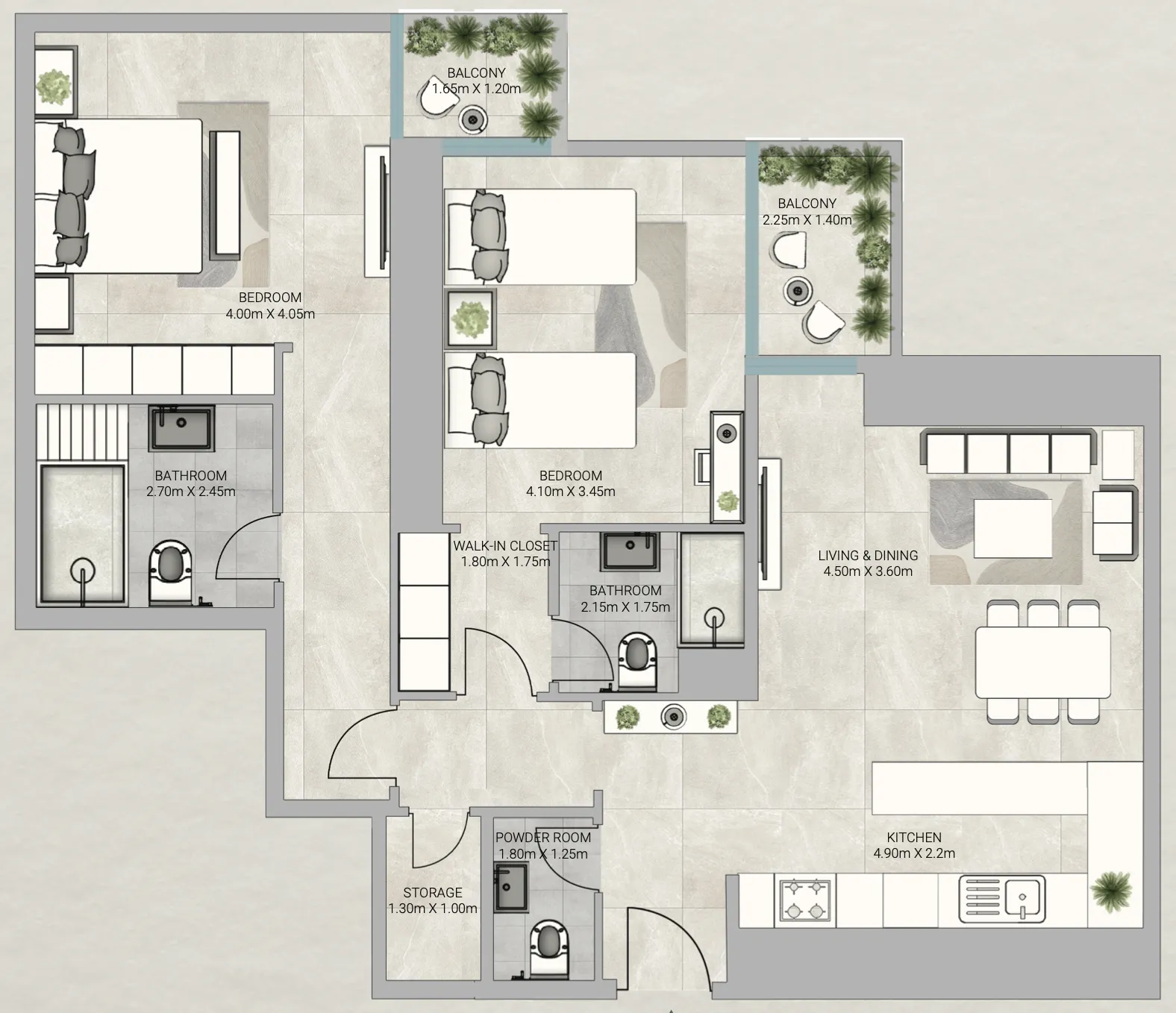 Sky Gardens Tower 2 bed floor plan, 1,450 sqft