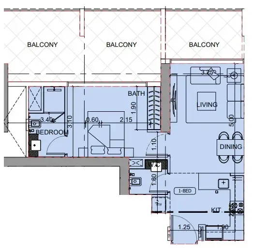Binghatti Cullinan 1 bed floor plan, 877 sqft