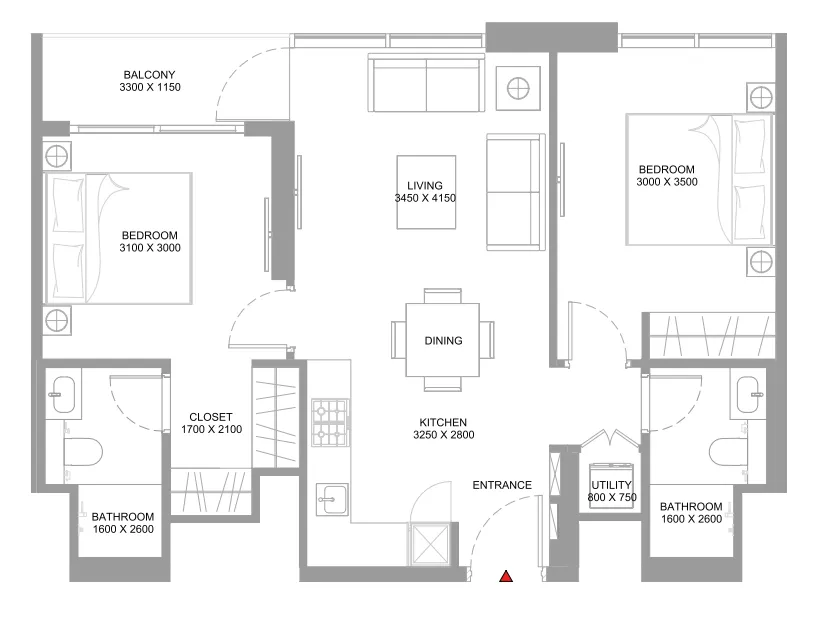 Starline Beach Residences 2 bed floor plan, 776 sqft