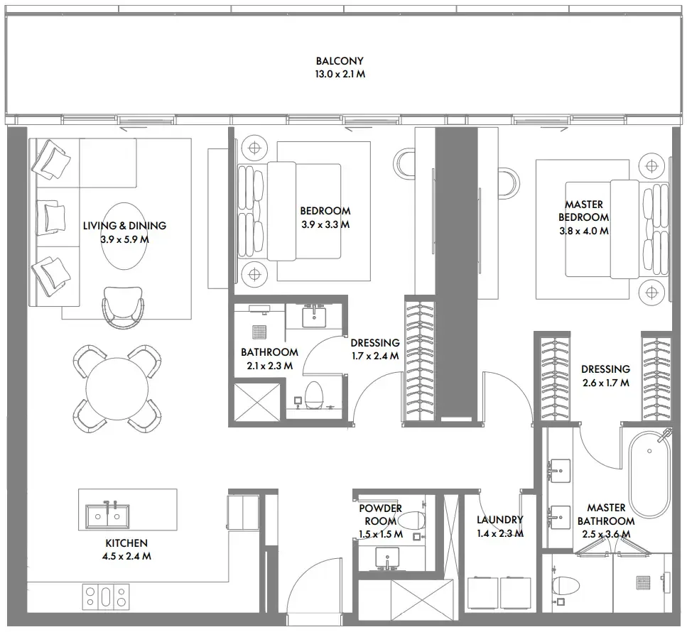 W The Residences by Arada 2 bed floor plan, 1,589 – 1,599 sqft