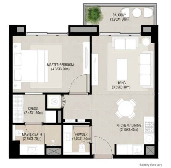 Camden 1 bed floor plan, 662 – 682 sqft