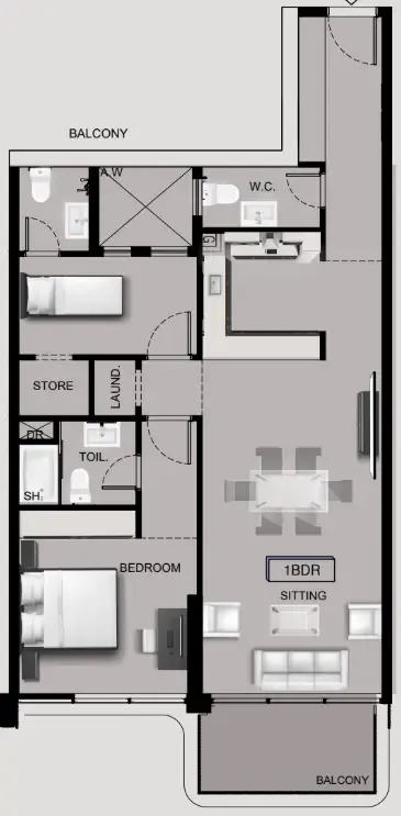 Sea View Residence 1 bed floor plan, 1,086 sqft