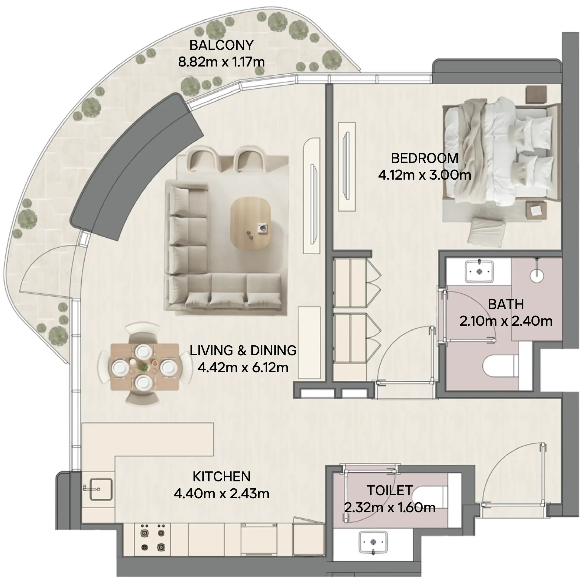 Mirasol II 1 bed floor plan, 882 – 890 sqft