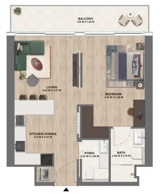 Mövenpick Residences Dubai Motor City Phase 1 1 bed floor plan, 703 sqft