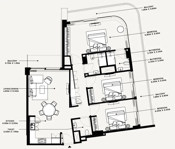 Azizi Arian 3 bed floor plan, 1,742 sqft