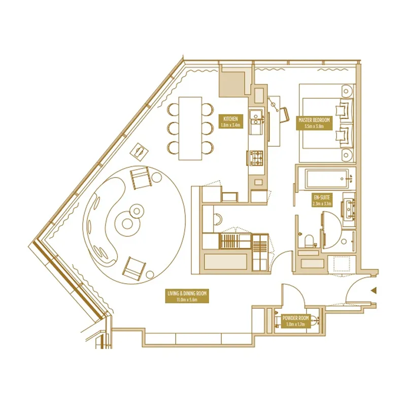 Uptown Tower 1 bed floor plan, 1,122 – 1,211 sqft