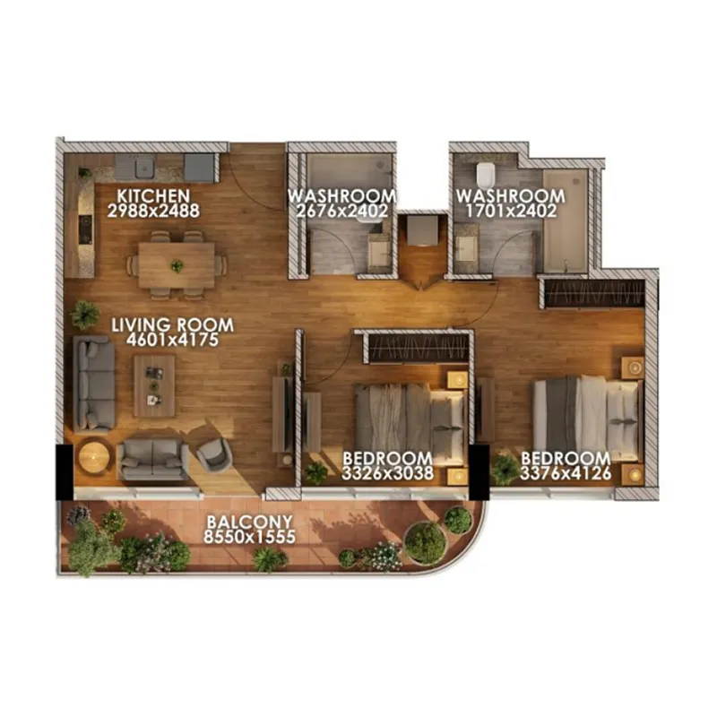 Zenith D1 2 bed floor plan, 983 sqft