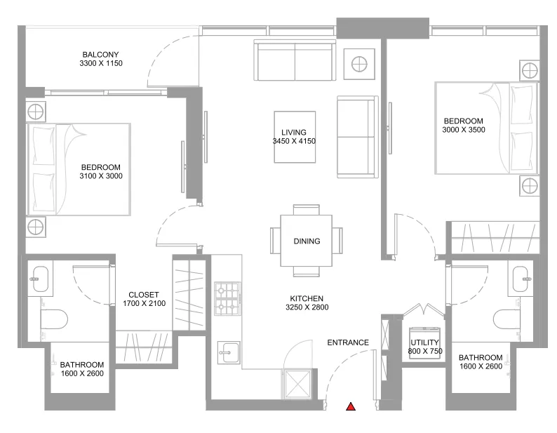 Starline Beach Residences 2 bed floor plan, 776 sqft